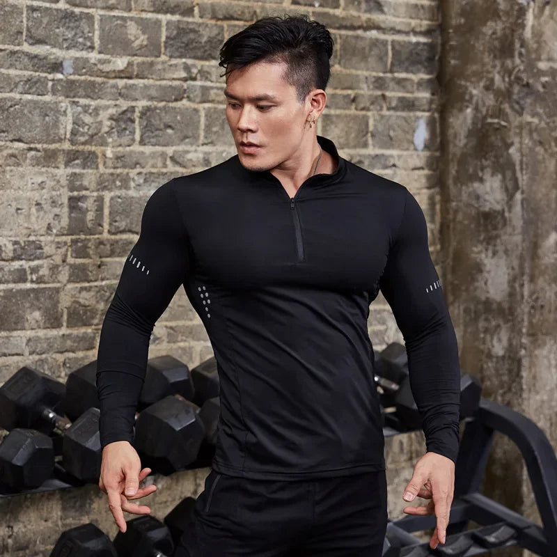 Men's Tight Long Sleeve Compression Sport T-Shirt – Gym Running Fitness Pullover with Zip – Hiking Rashguard Sweatshirt Sportswear