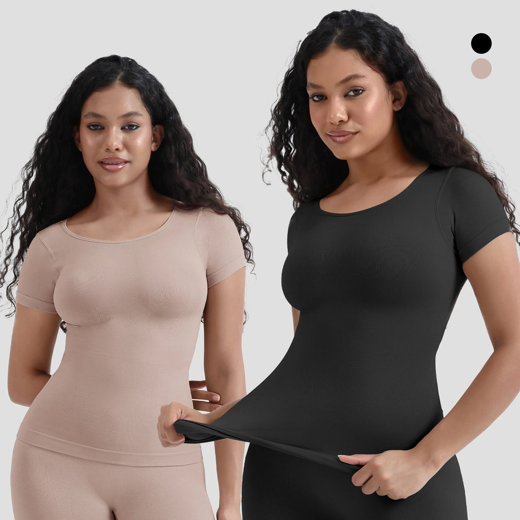 One Piece Women's Short Sleeve Seamless Body Shaper - Elastic Tummy Control Shapewear