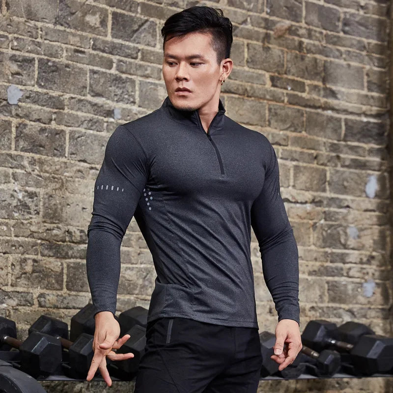 Men's Tight Long Sleeve Compression Sport T-Shirt – Gym Running Fitness Pullover with Zip – Hiking Rashguard Sweatshirt Sportswear