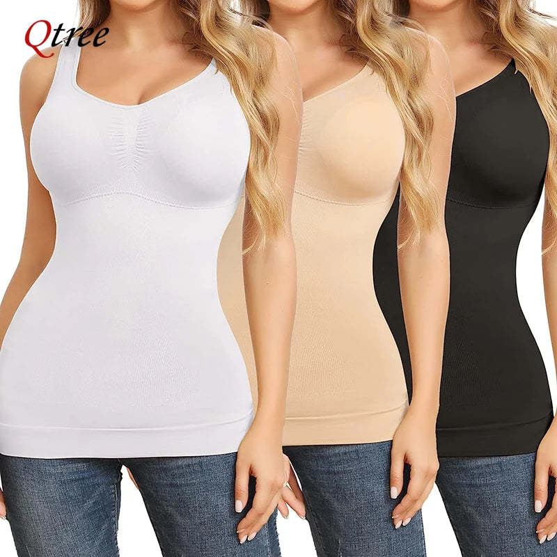 Qtree Women's Tummy Control Shapewear 2-in-1 Vest with Padded Bra, High Elastic Stretch Body Shaper