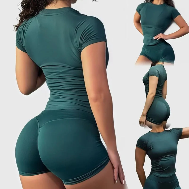 Histello Women’s Seamless Gym Set – Breathable Solid Fitness Workout Top and Shorts