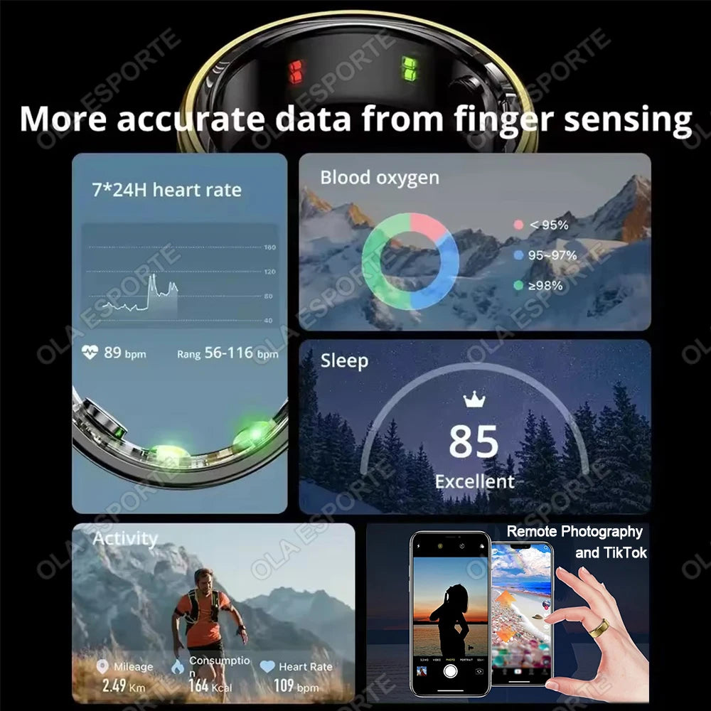 Smart Ring with Blood Pressure, Heart Rate & Sleep Monitoring, IP68 & 5ATM Waterproof, Multi-Sport Mode – Smart Ring for Men & Women