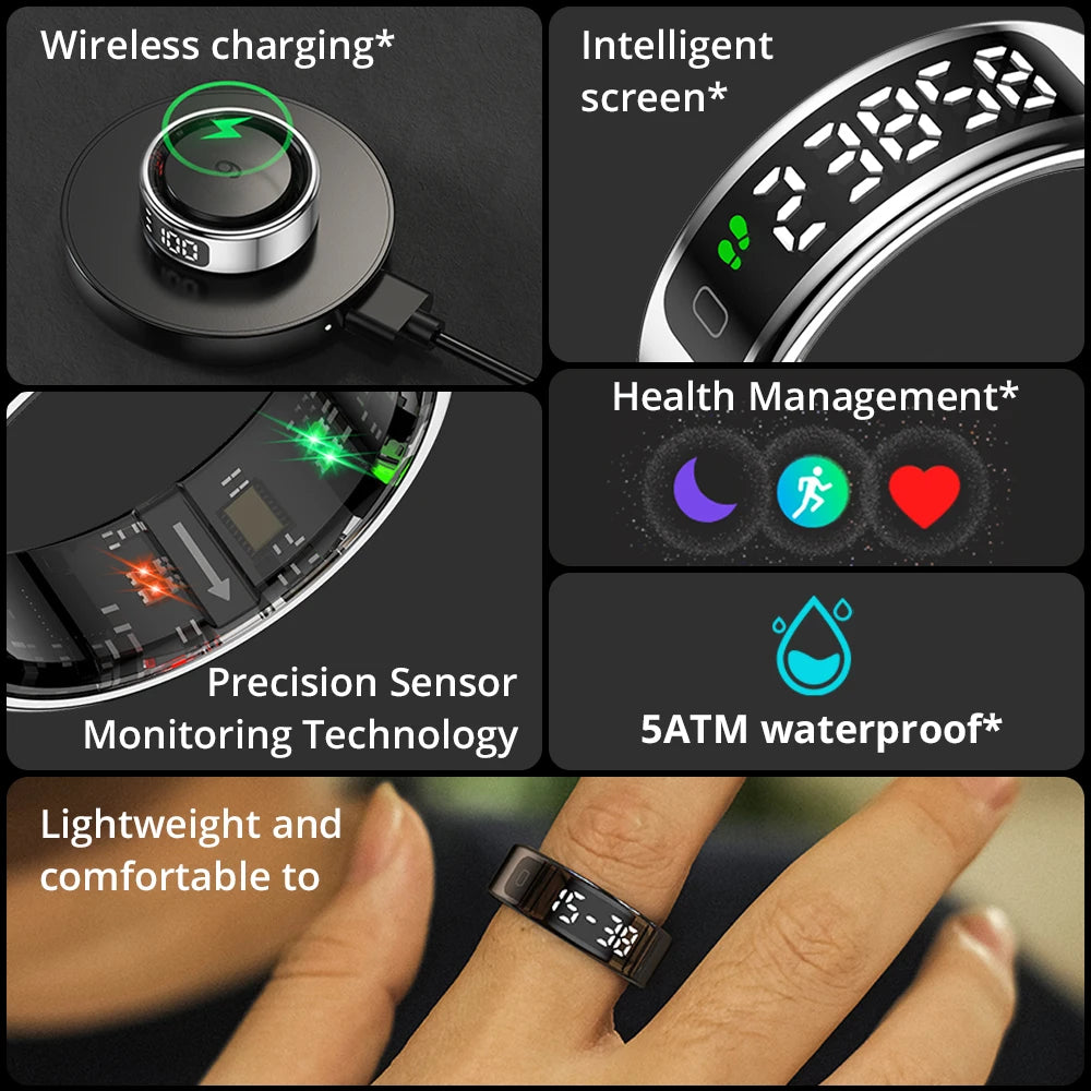 Smart Ring with Touch Display, Wireless Charging, 5 ATM Waterproof, Health Manager for Men & Women