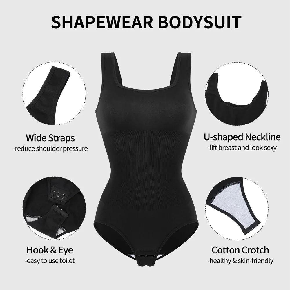 Women's Wide Strap Tummy Control Shapewear Bodysuit – Comfortable, Non-Slip Fitness Wear