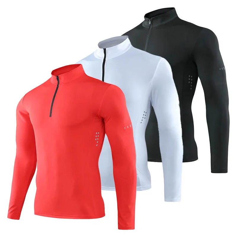 Men's Tight Long Sleeve Compression Sport T-Shirt – Gym Running Fitness Pullover with Zip – Hiking Rashguard Sweatshirt Sportswear
